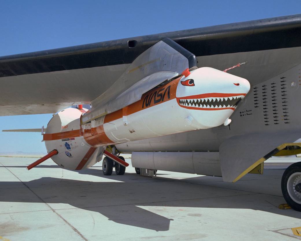 Solid Rocket Booster Drop Test Vehicle Mated to NB-52B