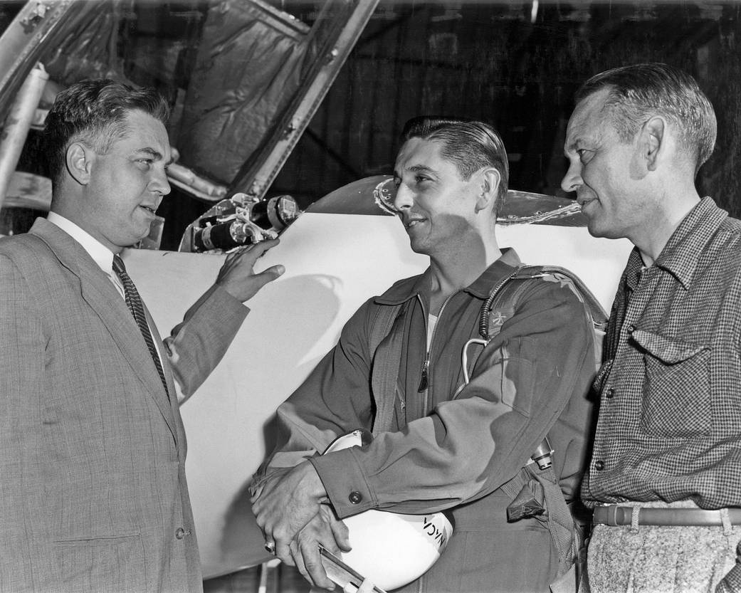 High-Speed Research Station Director Walter C. Williams, NACA pilot A. Scott Crossfield, and Director of Flight Operations Joe Vensel in front of the Douglas D-558-II after the first Mach 2 flight.
