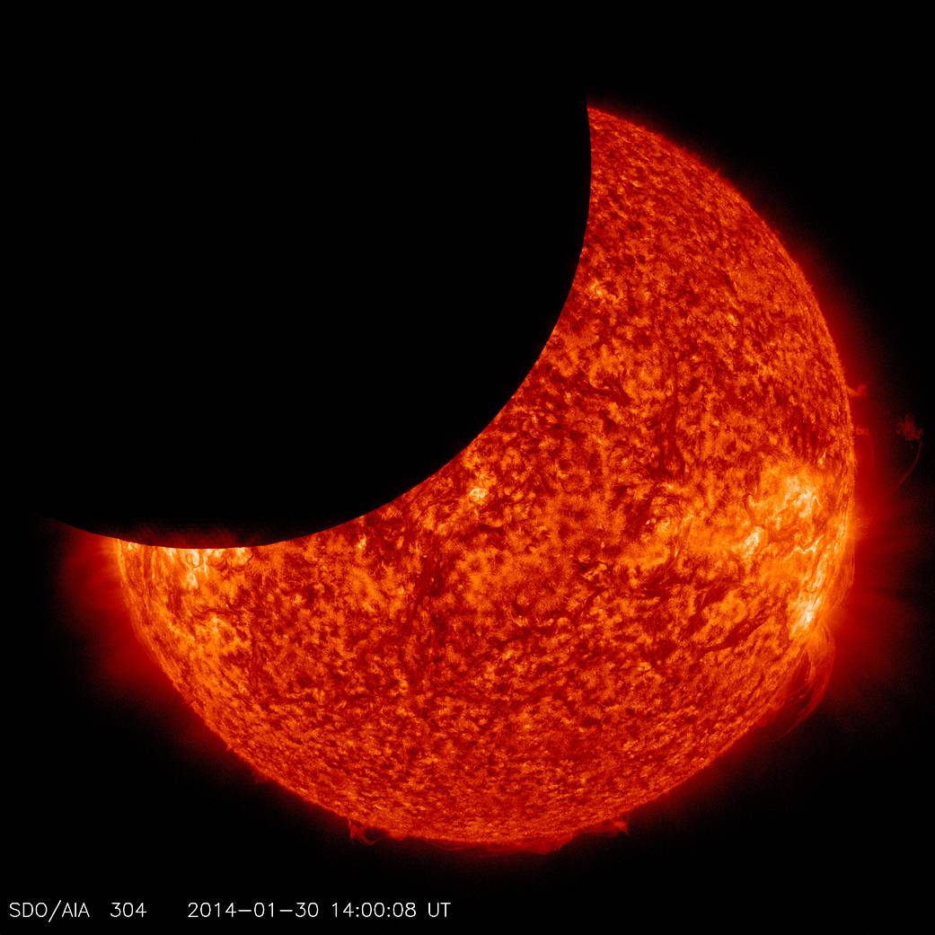On Jan. 30, 2014, beginning at 8:31 a.m EST, the moon moved between NASA’s Solar Dynamics Observatory, or SDO, and the sun, gi