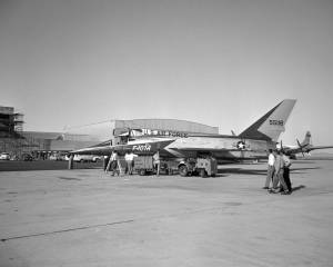 F-107A being prepared for flight by crew.