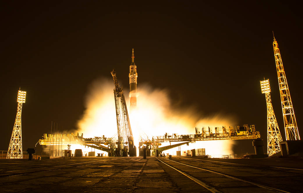 Nighttime liftoff of Soyuz rocket