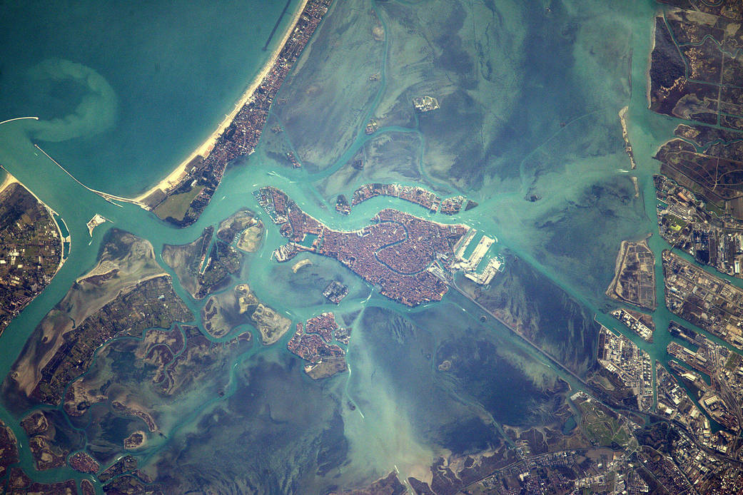Daytime view from Earth orbit of city and canals of Venice, Italy