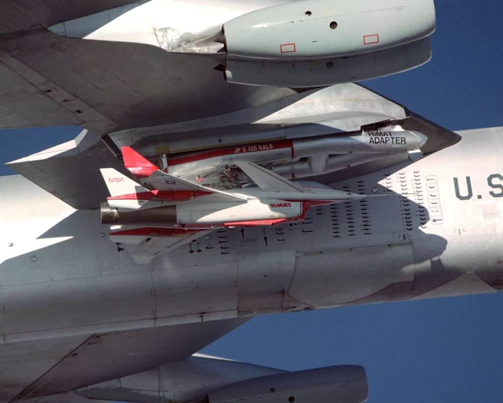 HiMAT Subscale Research Vehicle Mated to B-52 Mothership in Flight