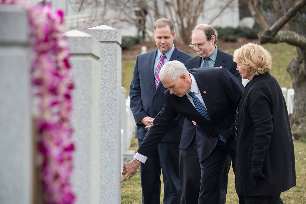 Vice President Mike Pence visits the Space Shuttle Challenger Memorial 
