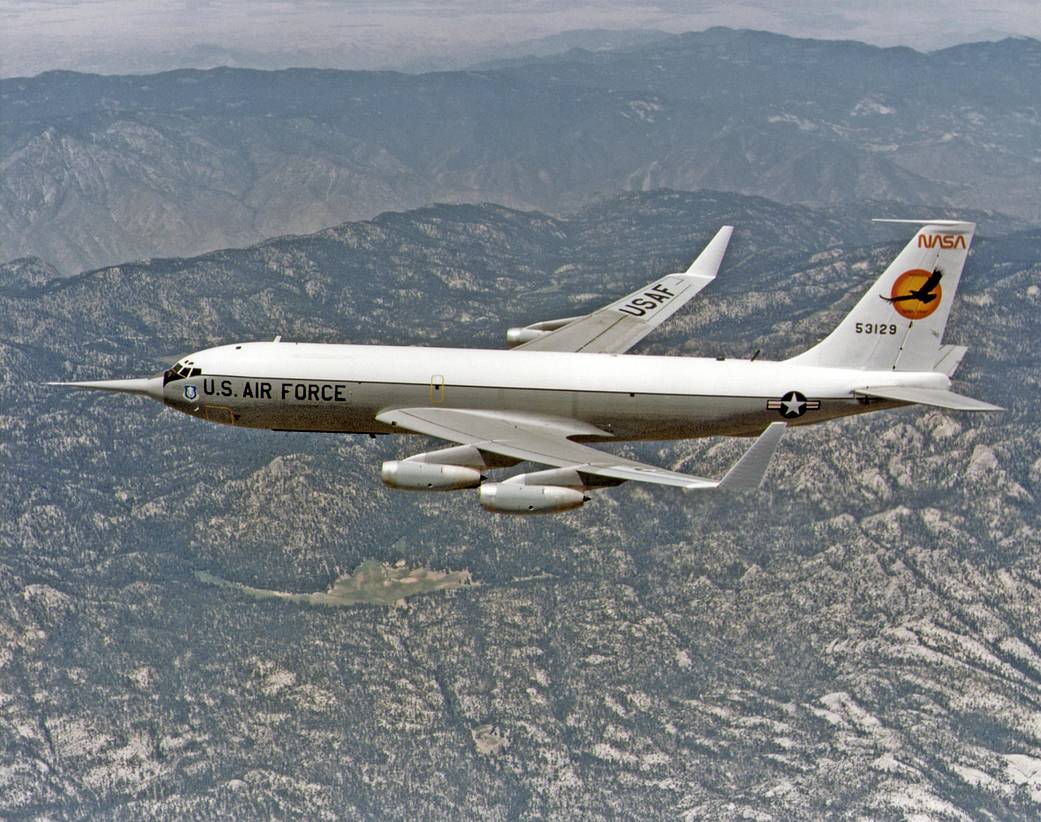 The KC-135 with the winglets in flight over the San Gabriel mountains, south of Edwards AFB.