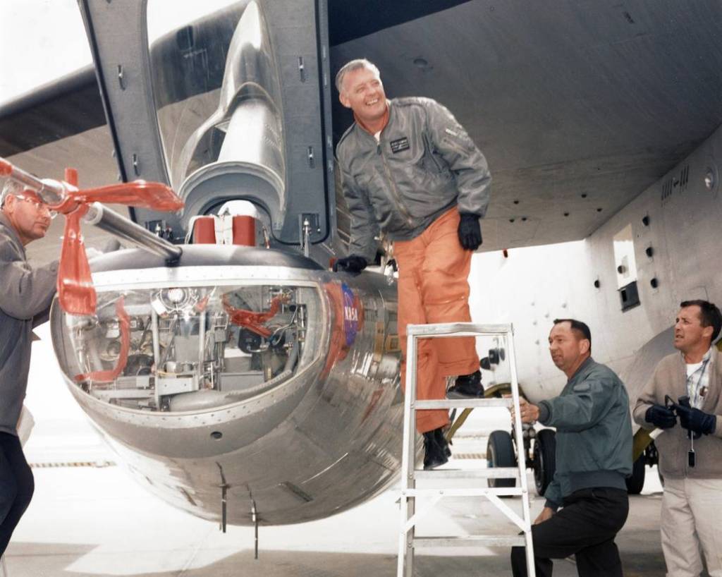 NASA Pilot Milt Thompson Assisted by Life Support Personnel
