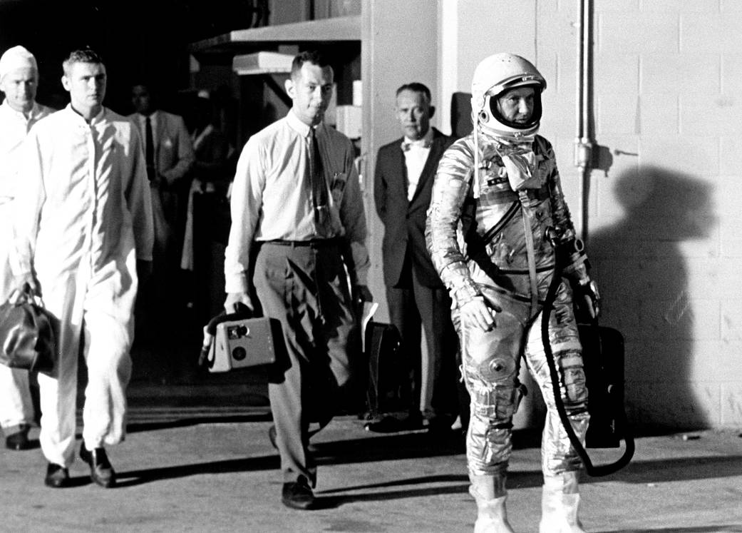 Astronaut Walter Schirra leaves Hangar S for his Mercury Atlas-8 flight. 