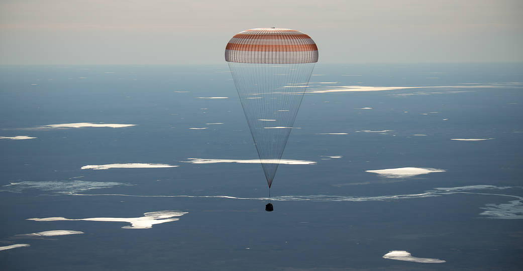 The Soyuz MS-02 spacecraft is seen as it lands with Expedition 50 crew