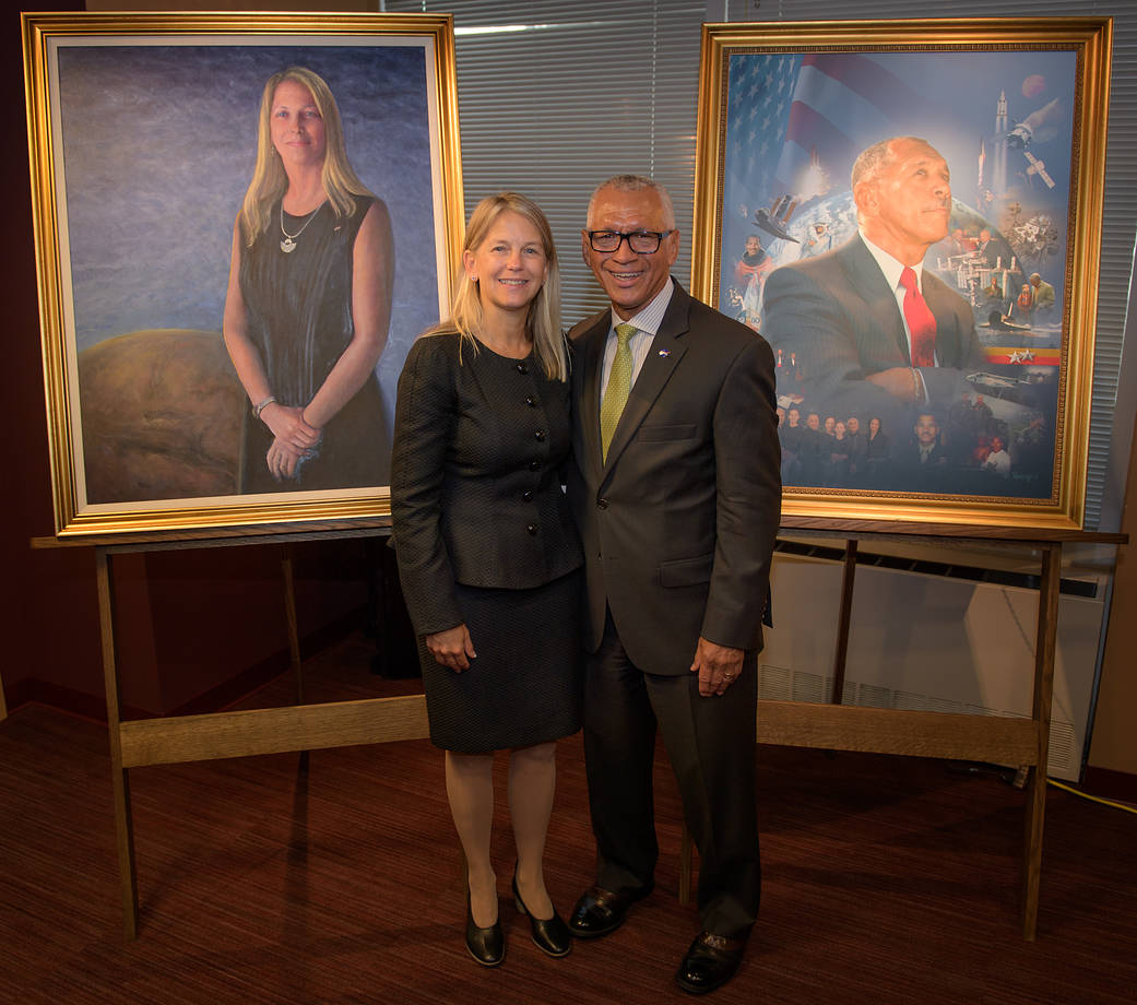 Dava Newman, left, and former NASA Administrator Charles Bolden after the unveiling of their official portraits