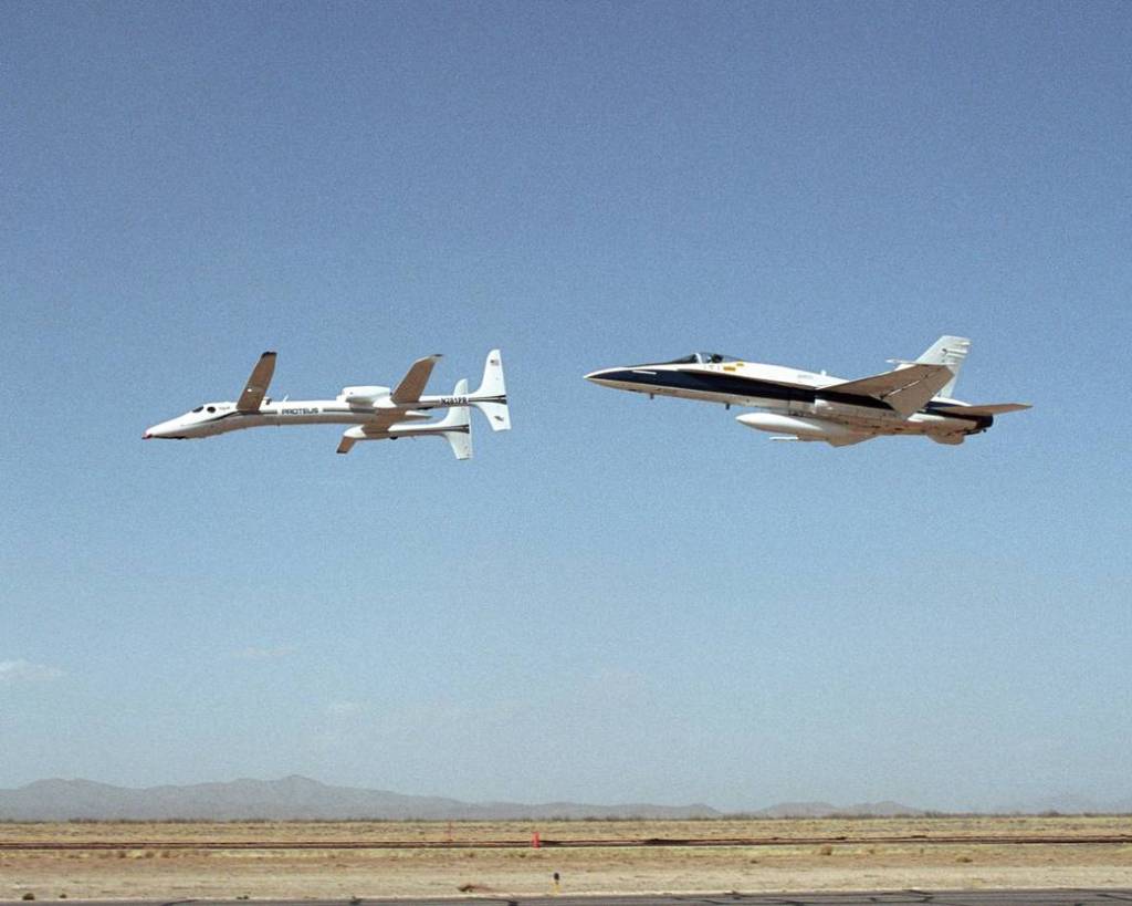 Proteus and F/A-18 in Low-Level Fly By