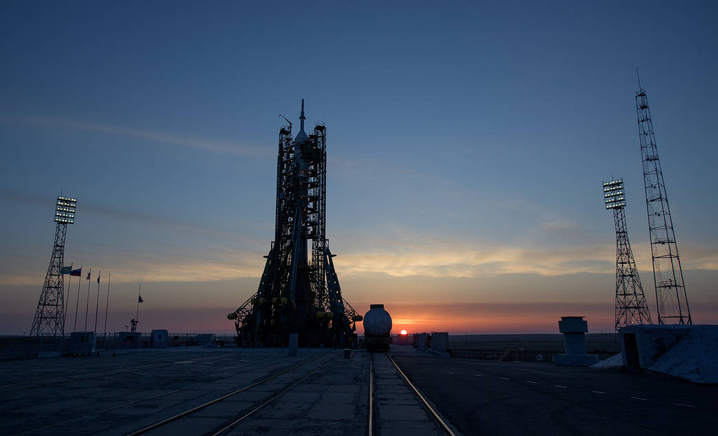 Soyuz rocket is seen at dawn on launch site 1 of the Baikonur Cosmodrome, Thursday, March 14, 2019 in Baikonur, Kazakhstan