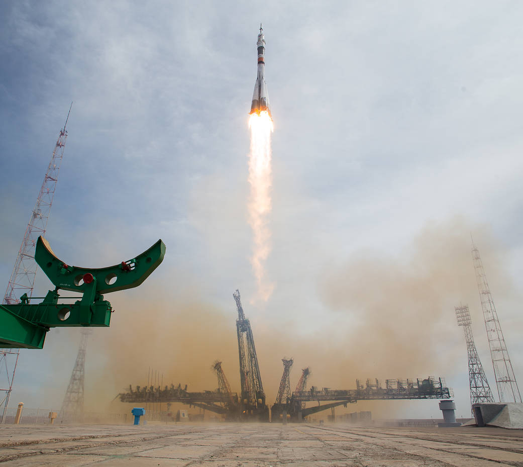Liftoff of Soyuz rocket from Baikonur Cosmodrome