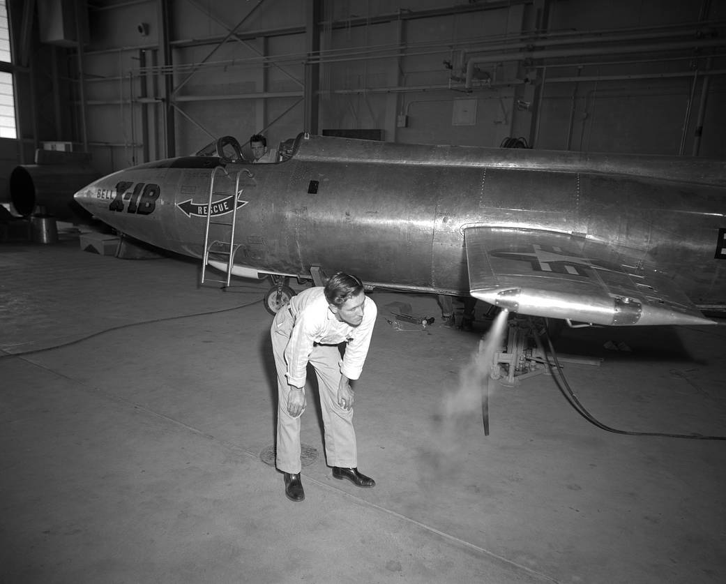 Technician Examines X-1B Reaction Control Simulation