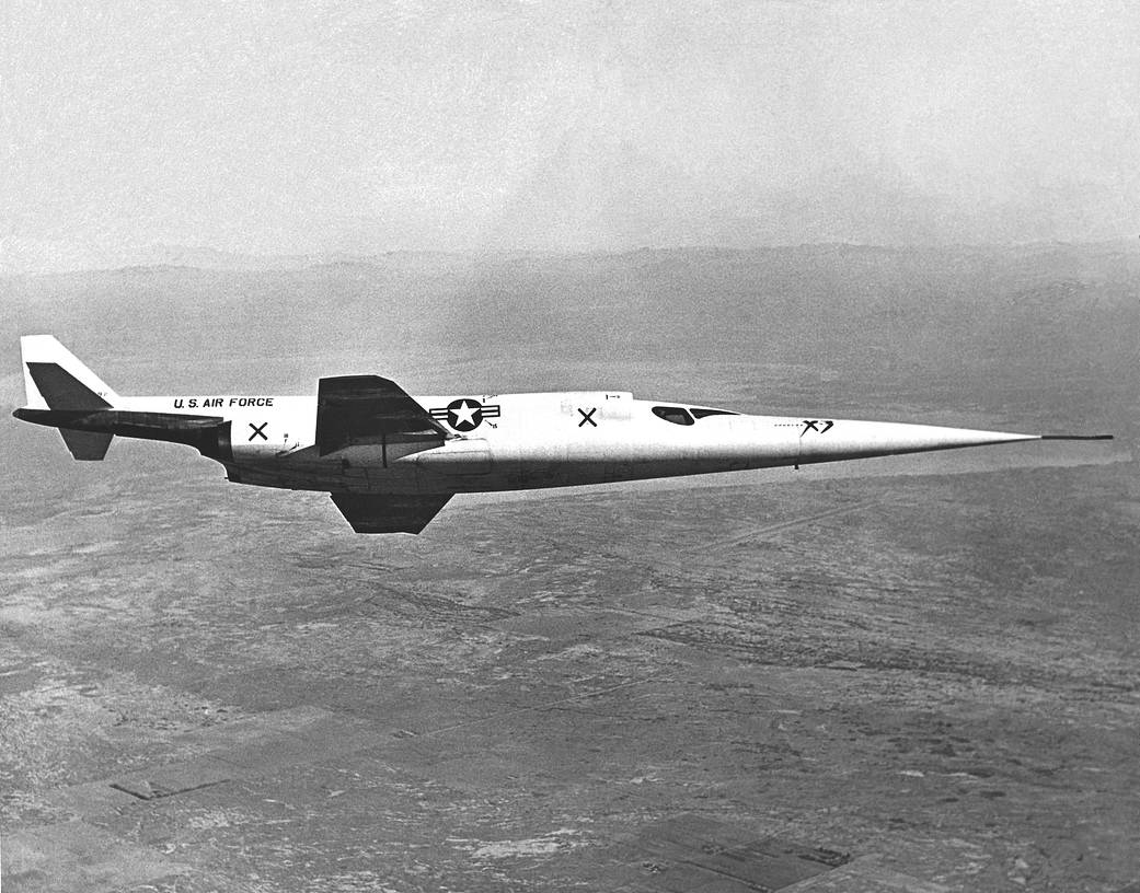 This in-flight NACA photograph of the X-3 Stiletto illustrates the aircraft's long slender fuselage and the small wings. 