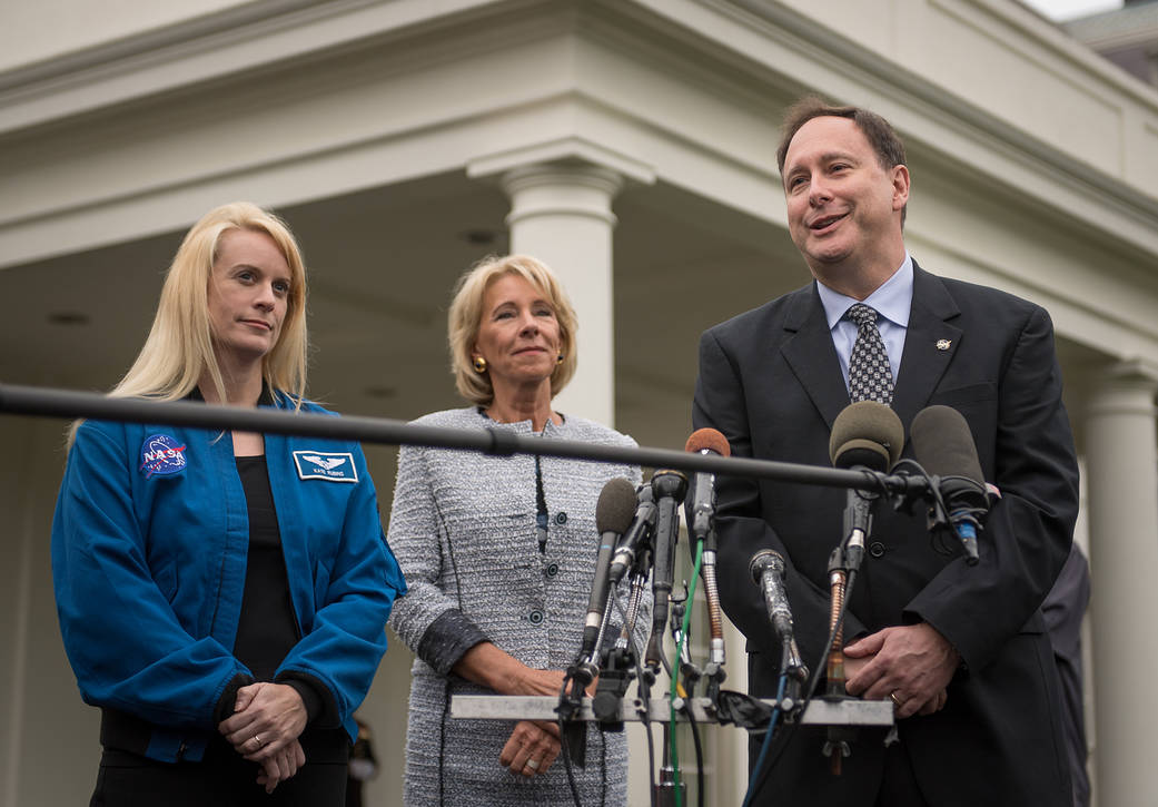 Acting NASA administrator Lightfoot with astronaut Kate Rubins and Secretary DeVos outside White House