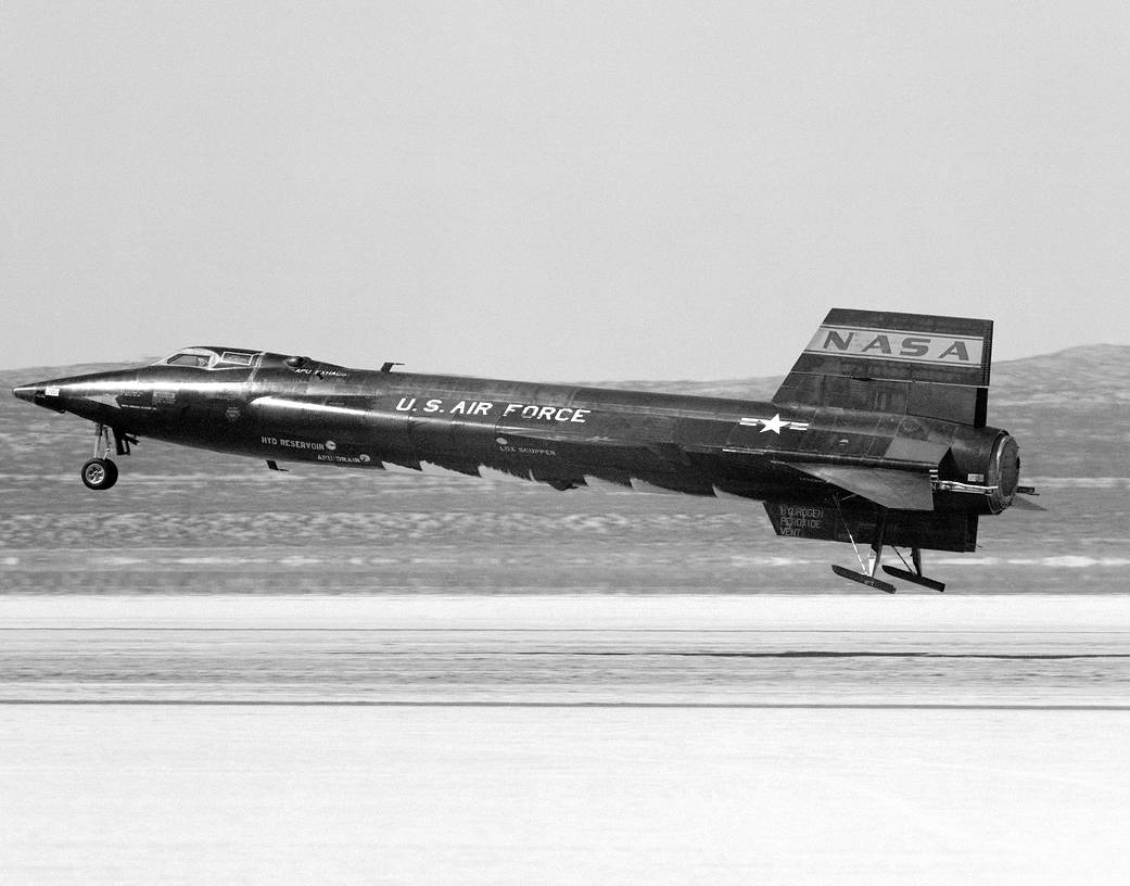X-15 coming in for a landing with the skids down.