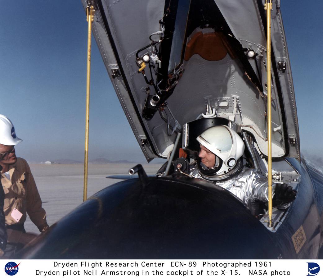 (1961) NASA pilot Neil Armstrong is seen here in the cockpit of the X-15 ship #1 (56-6670) after a research flight.