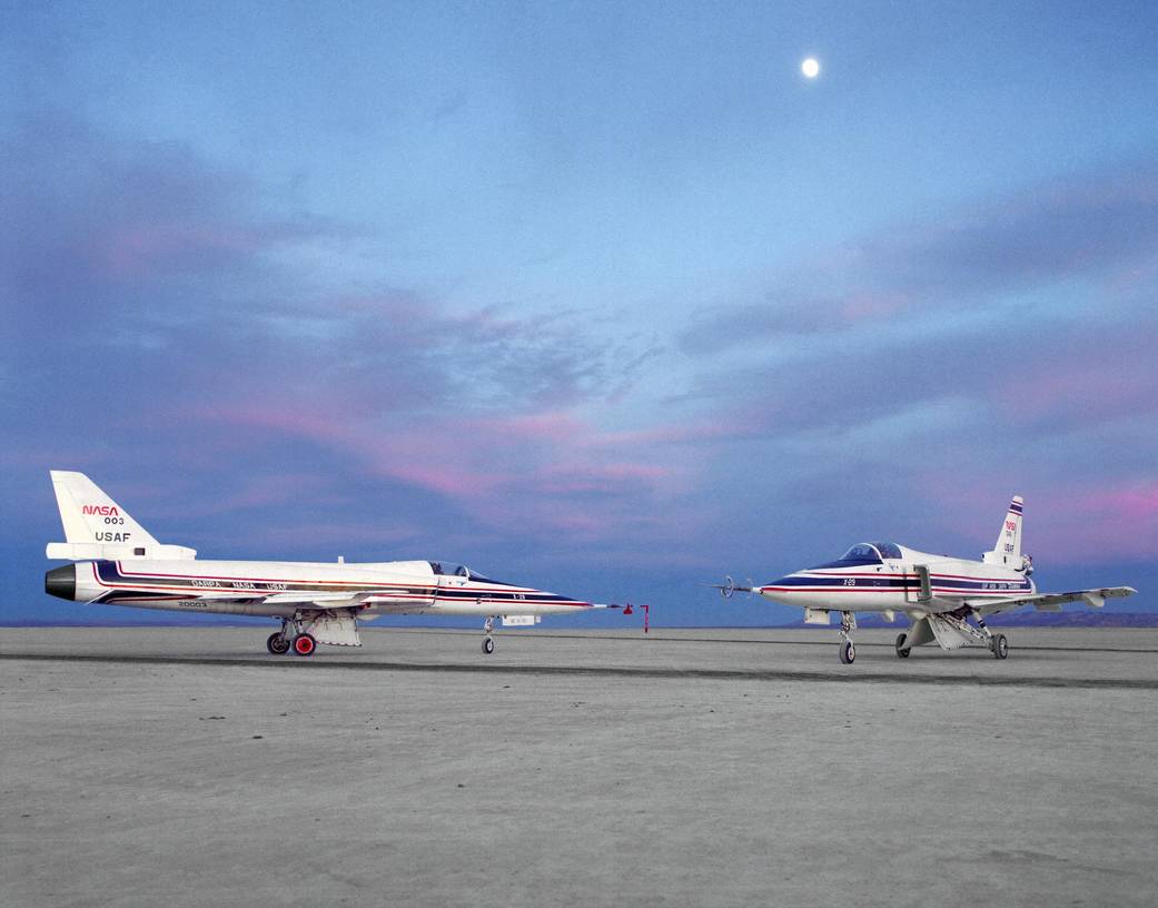Two X-29 Aircraft under a Full-Moon Sky on Rogers Dry Lake