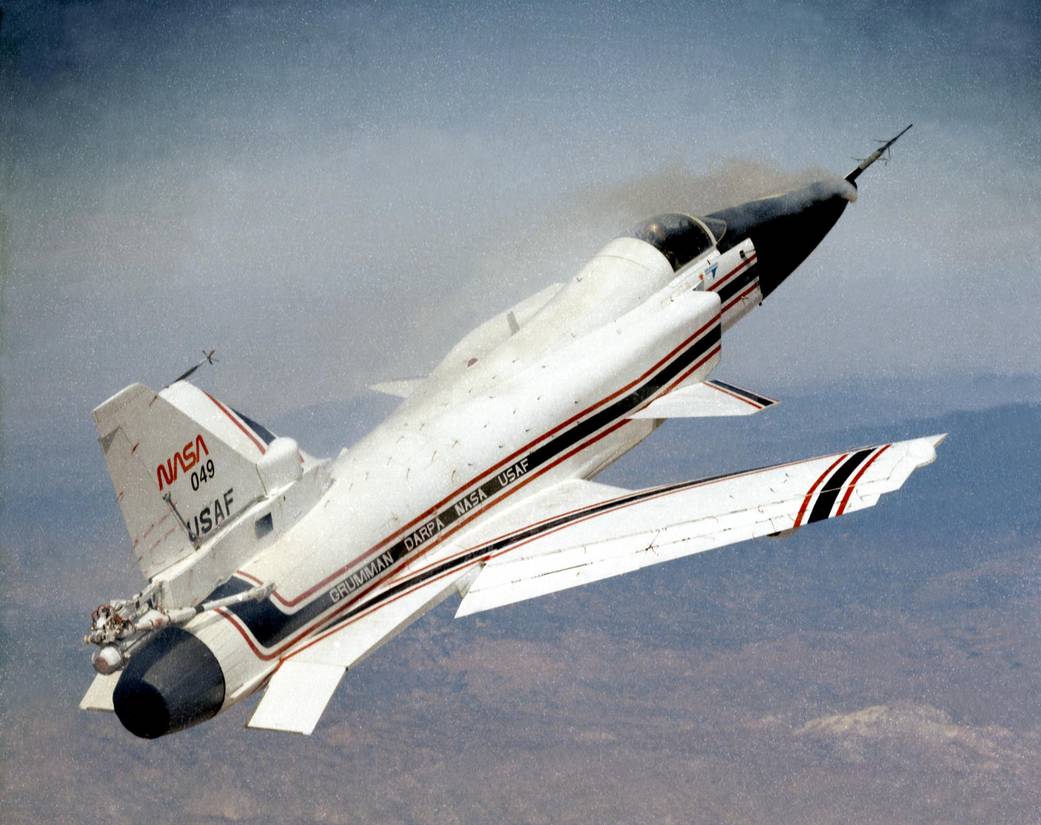 Smoke generators in the nose of the X-29 were used to help researchers see the behavior of the air flowing over the aircraft.