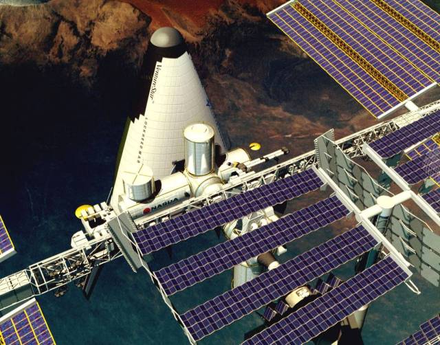 Artist's Concept: Reusable Launch Vehicle Docking with the International Space Station