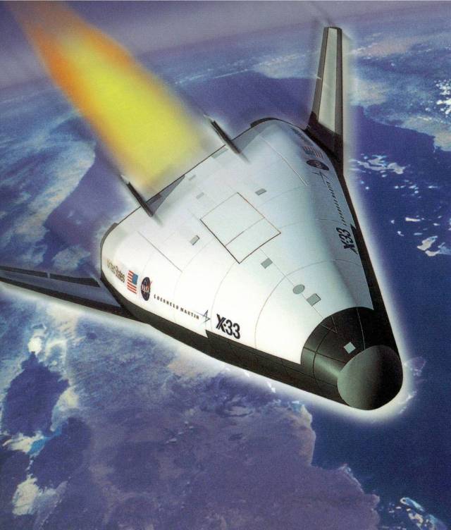 Artist's Conception of X-33 in Flight, with Aerospike Engine Firing