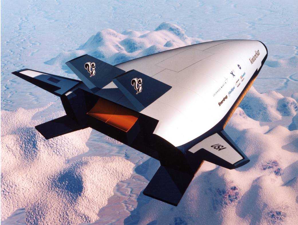 An artist's conception of the half scale X-33 demonstrator flying over the southwestern desert. 