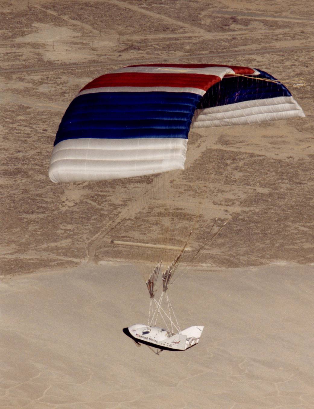 X-38 Descends to Lakebed Landing under its Steerable Parafoil