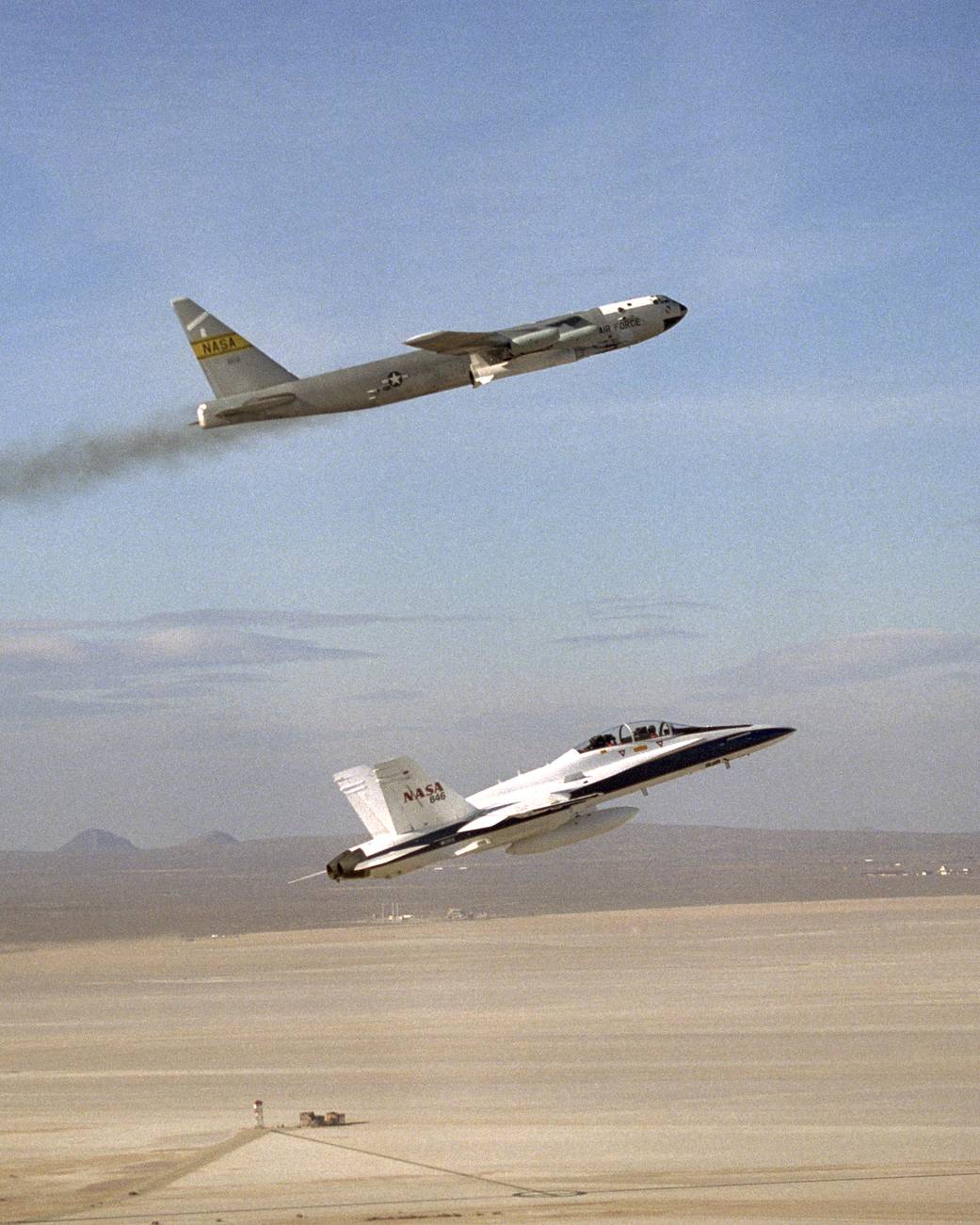 B-52 Mothership with X-43 Attached; F/A-18 Chase