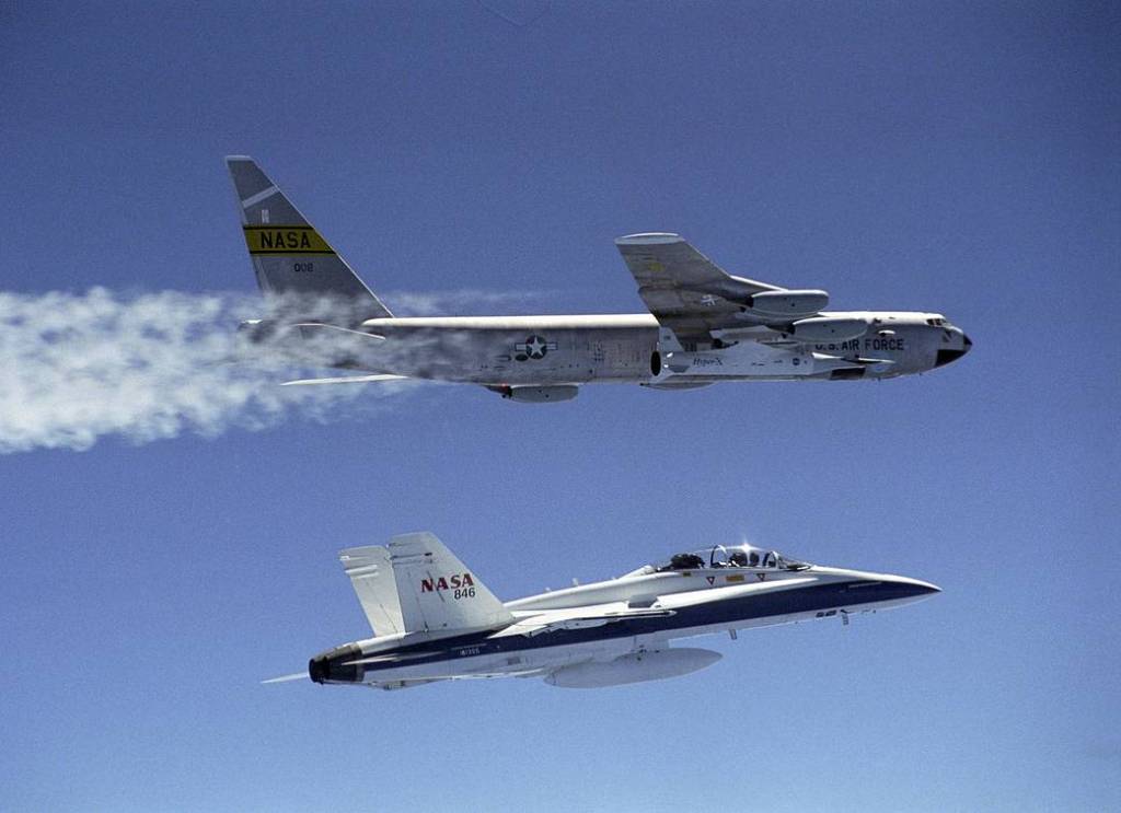 B-52 with F/A-18 Chase before Second X-43A Launch