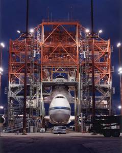 STS-98 Atlantis atop 747 Shuttle Carrier Aircraft in Mate-Demate Device