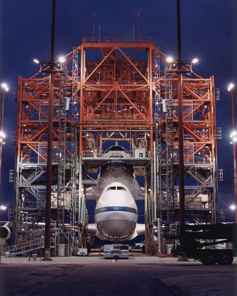 STS-98 Atlantis atop 747 Shuttle Carrier Aircraft in Mate-Demate Device