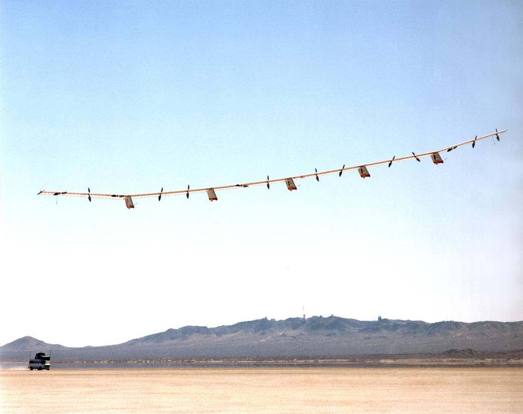 Helios Prototype Flying Wing flying above Rogers Dry Lake at Edwards, CA.