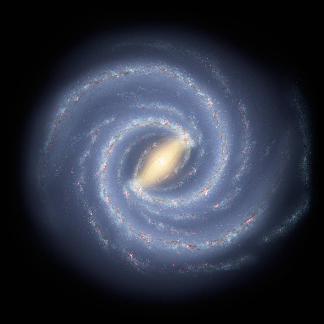 Spiral galaxy against deep space in shades of pale blue with white at center