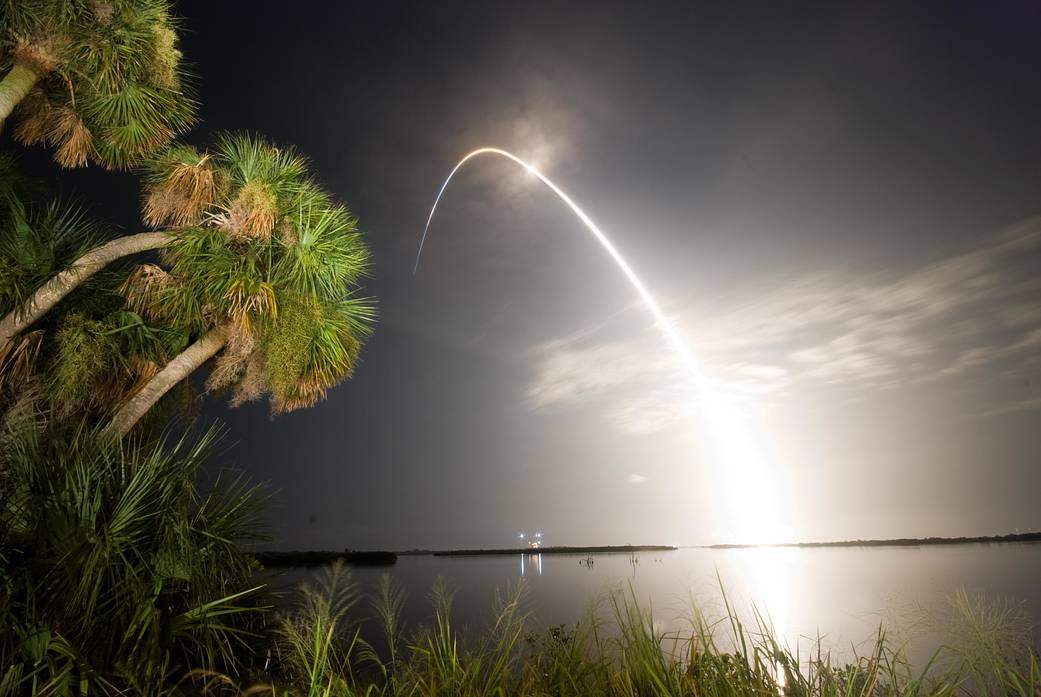 Arc of light from Earth to sky from shuttle launch in distance with palm trees close up at left