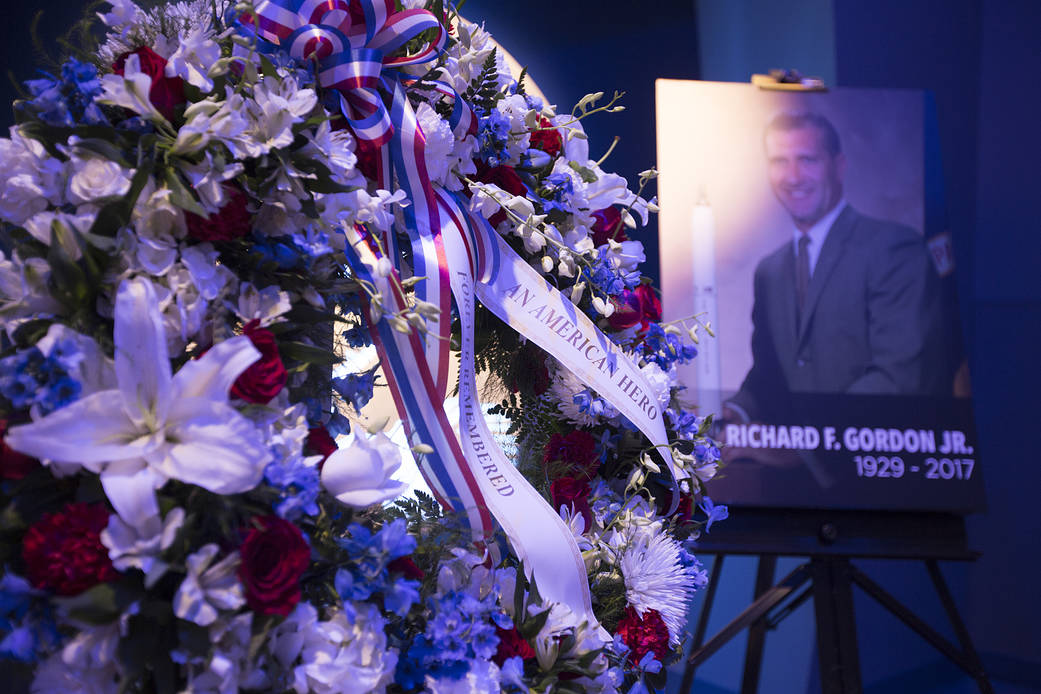 Wreath and portrait honoring astronaut Dick Gordon