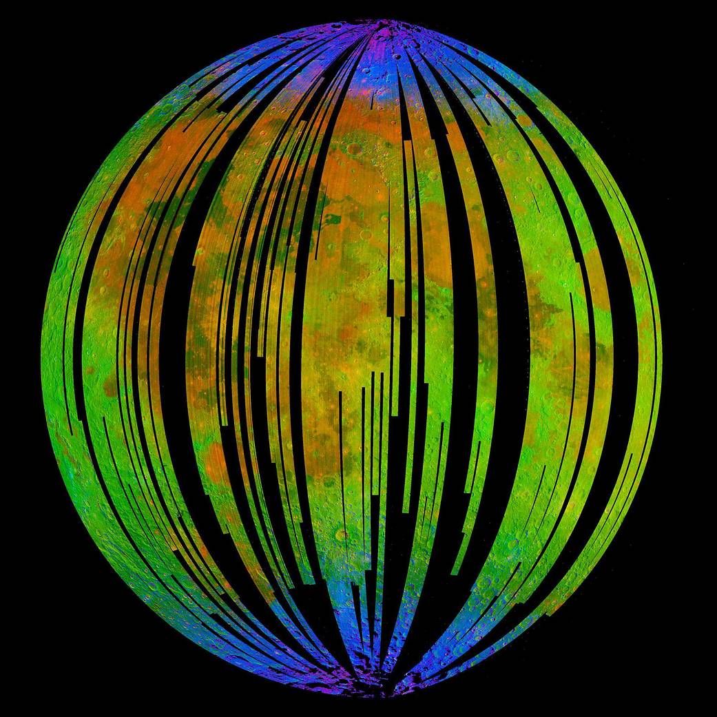 Composite image of sections of Earth's moon in brilliant rainbow colors with blues near poles and yellow and orange near center