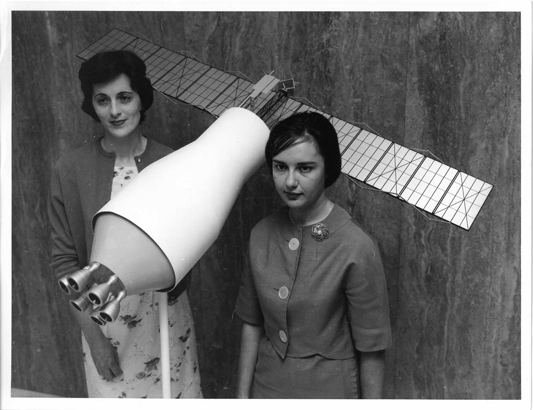Ann R. McNair and Mary Jo Smith with Model of Pegasus Satellite, July 14, 1964.