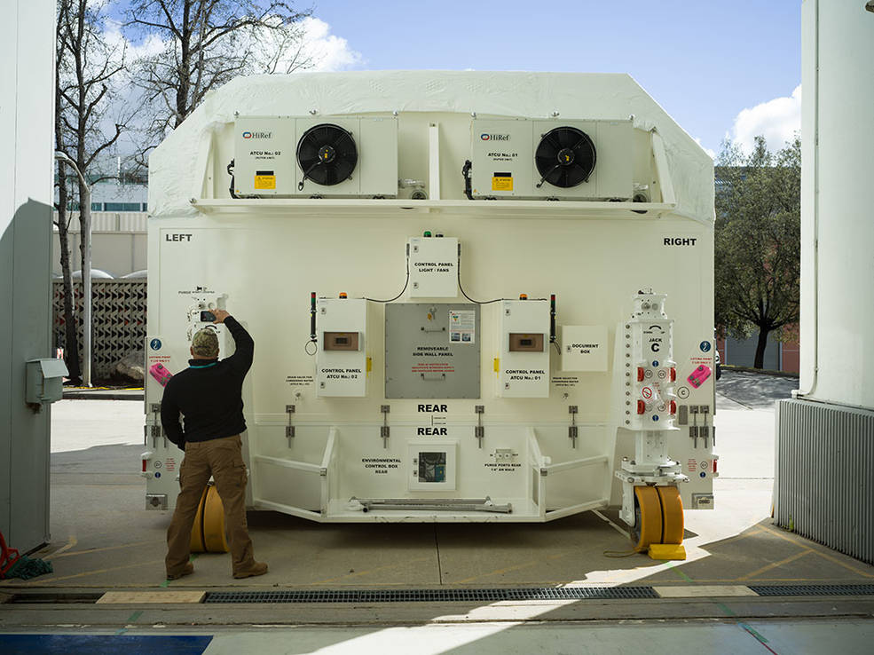 The NASA-ISRO Synthetic Aperture Radar (NISAR) science payload sits in a specially designed shipping container