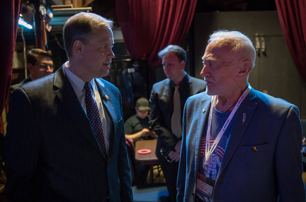 NASA Administrator Bridenstine, left, meets Buzz Aldrin, right