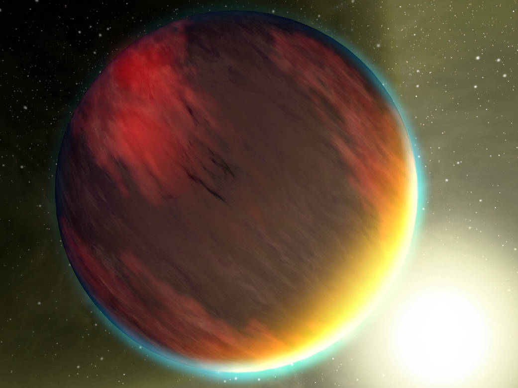 An artist's concept that shows a cloudy Jupiter-like planet that orbits very close to its fiery hot star