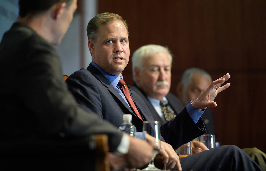 Administrator Bridenstine, seated, with former NASA administrators O'Keefe and Bolden