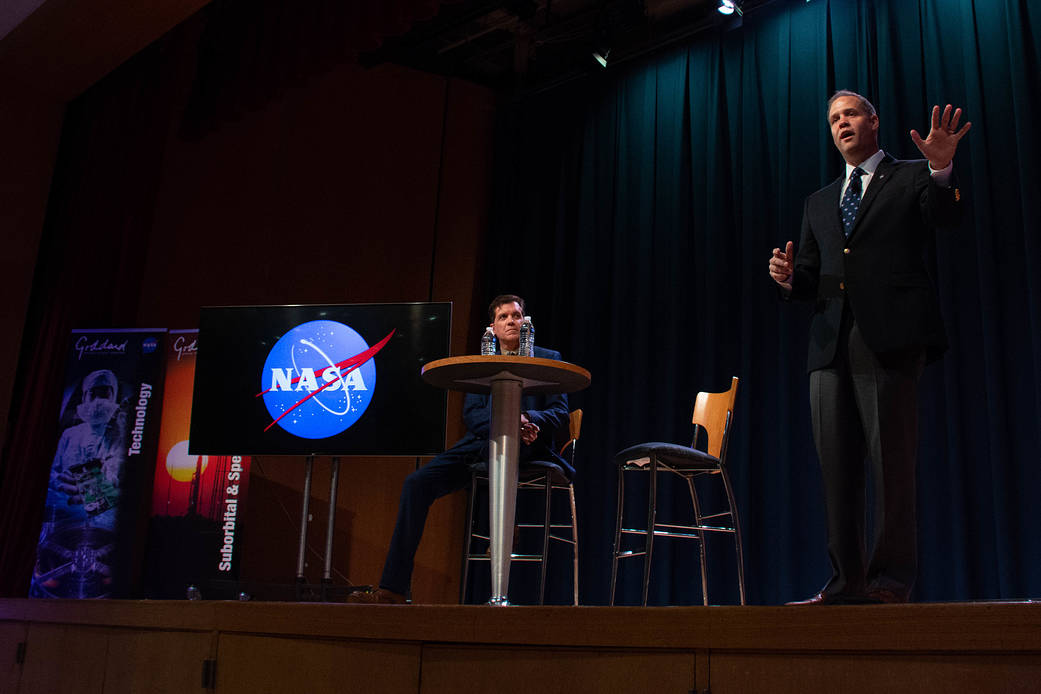 NASA Administrator speaks from auditorium