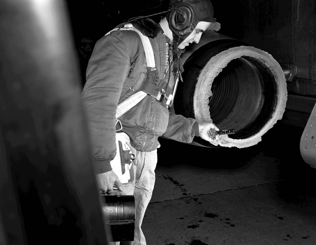 This J-34 engine shows icing that occurred during research to find preventive solutions for inflight icing. 