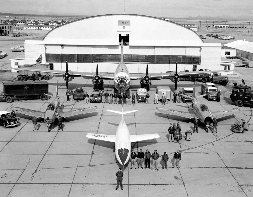 The NACA's fleet of test aircraft assembled in front of the hangar at the High Speed Flight Station in Edwards, California. 