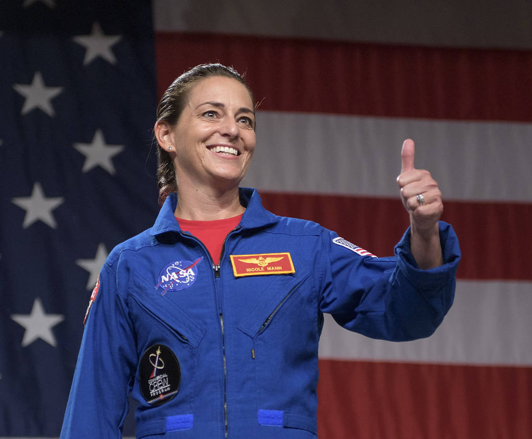 NASA astronaut Nicole Aunapu Mann is seen during a NASA event on Friday, Aug. 3, 2018 at NASA’s Johnson Space Center in Houston, Texas.