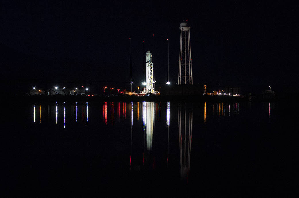 Northrop Grumman Antares rocket, with Cygnus spacecraft onboard, is seen on Pad-0A