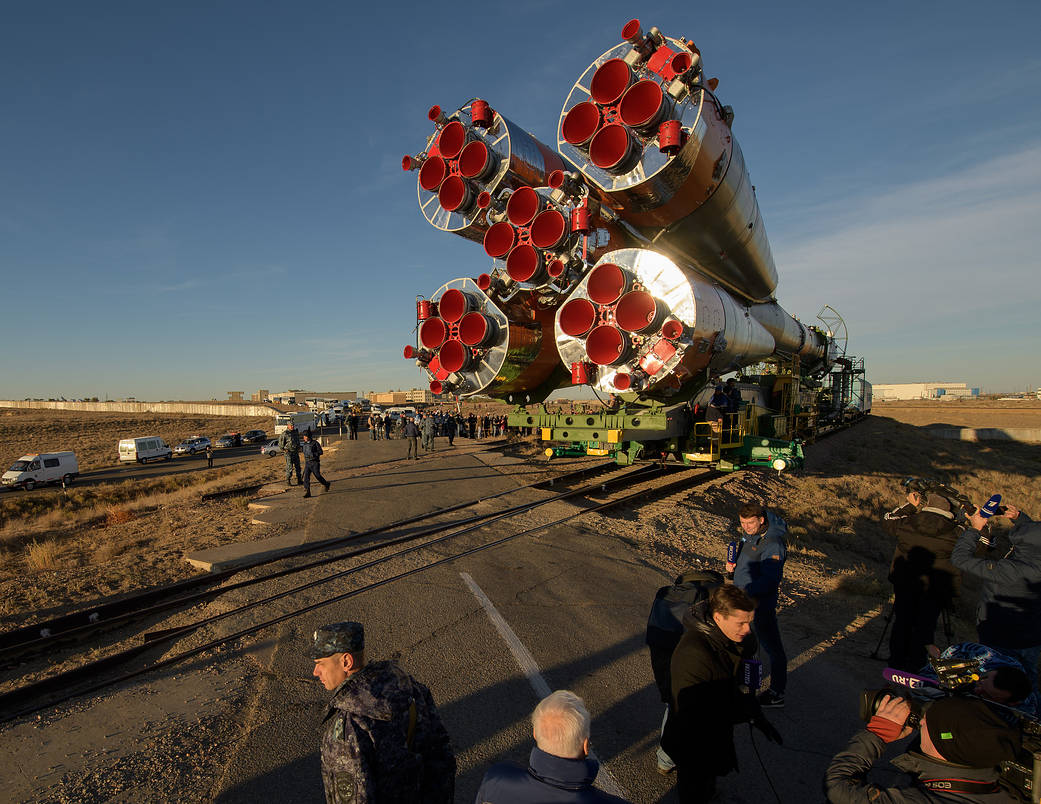 Soyuz being rolled out to the pad on Oct. 9, 2018