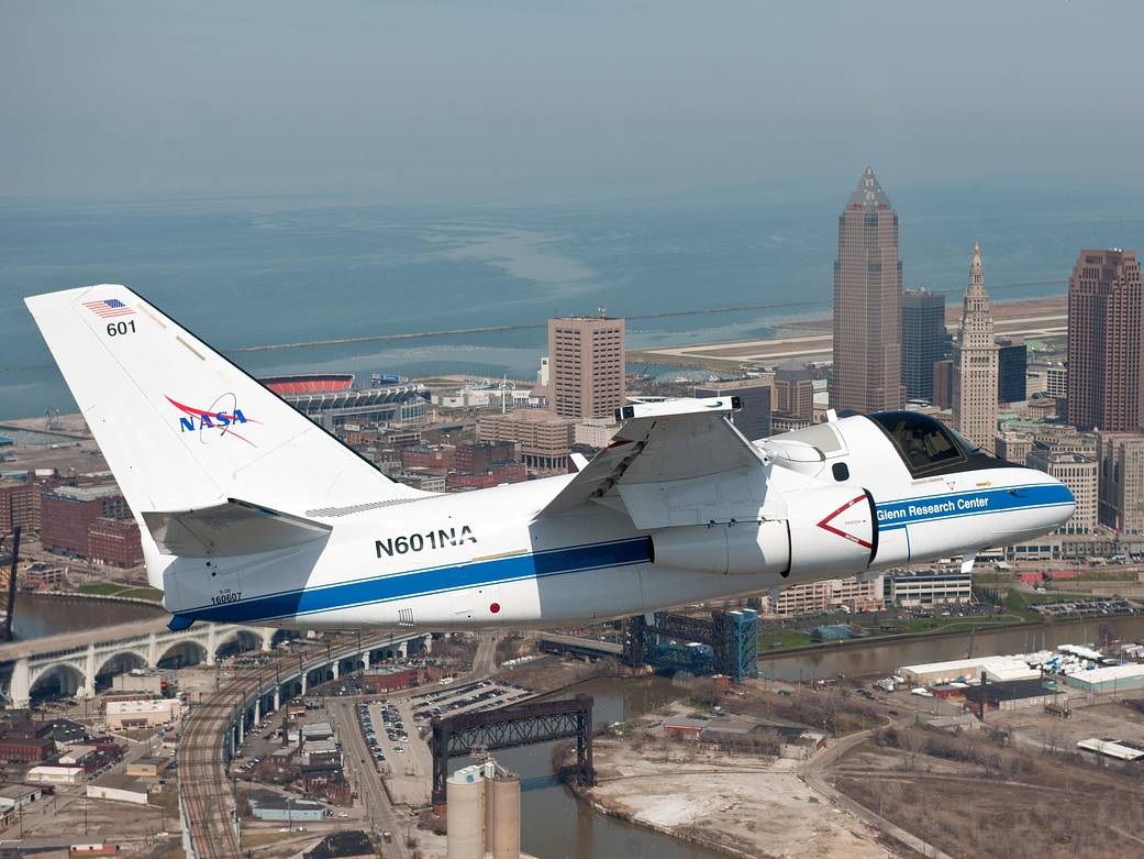 NASA Viking Aircraft Soars Over Cleveland Skyline