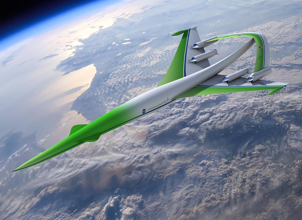 Artist concept of long, thin aircraft in green and white with Earth below and curve of atmosphere visible