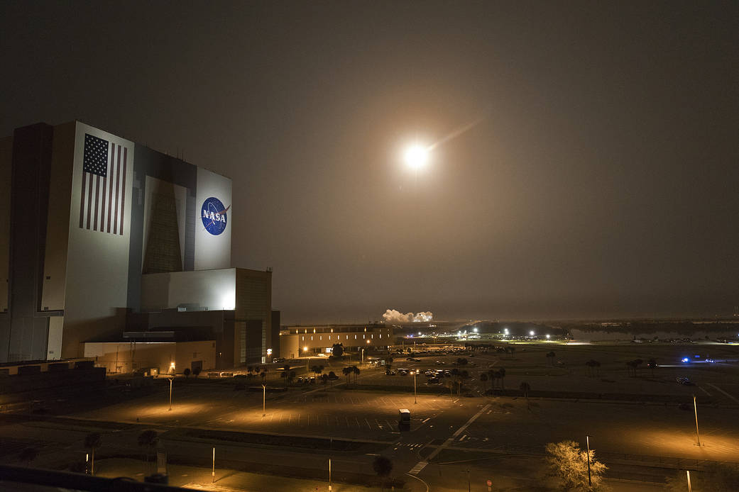 A two-stage SpaceX Falcon 9 rocket lifts off from Launch Complex 39A at NASA’s Kennedy Space Center